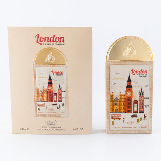 Unisex EDP spray bottle with gold cap, London-themed label, in retail box