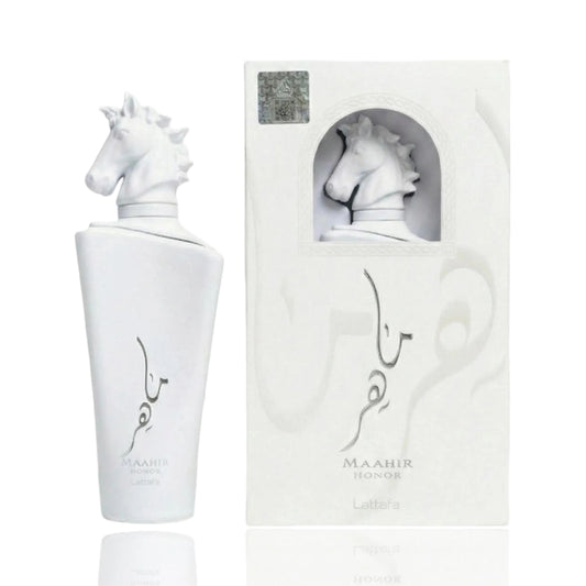 White Maahir Honor eau de parfum bottle with horse-head cap, with matching gift box