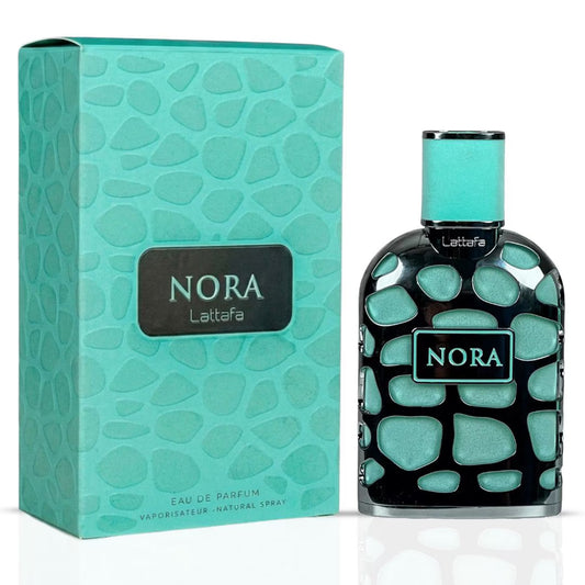 Nora by Lattafa Eau de Parfum spray with teal patterned glass bottle and box
