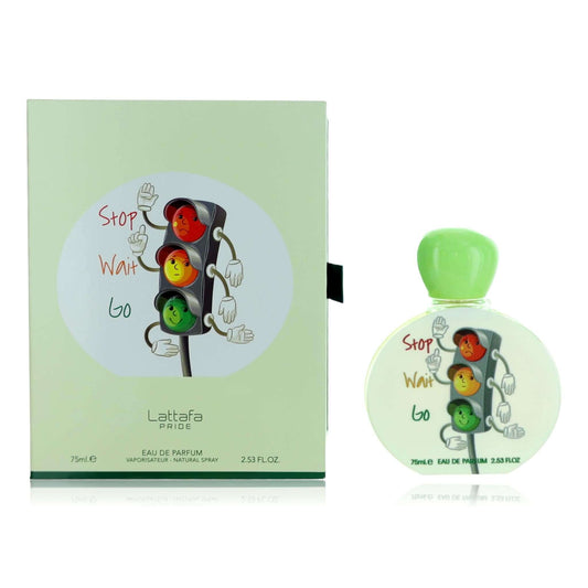 Kids eau de parfum spray bottle and box with green cap and traffic-light graphic