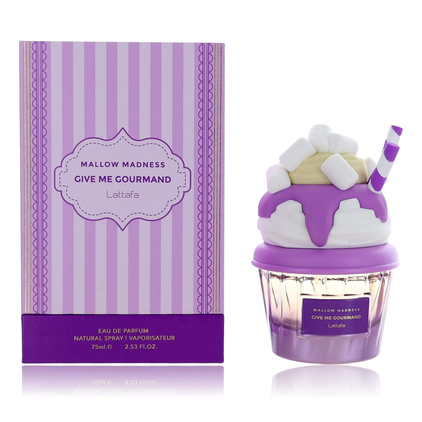 Lattafa Mallow Madness Give Me Gourmand EDP spray bottle with matching box