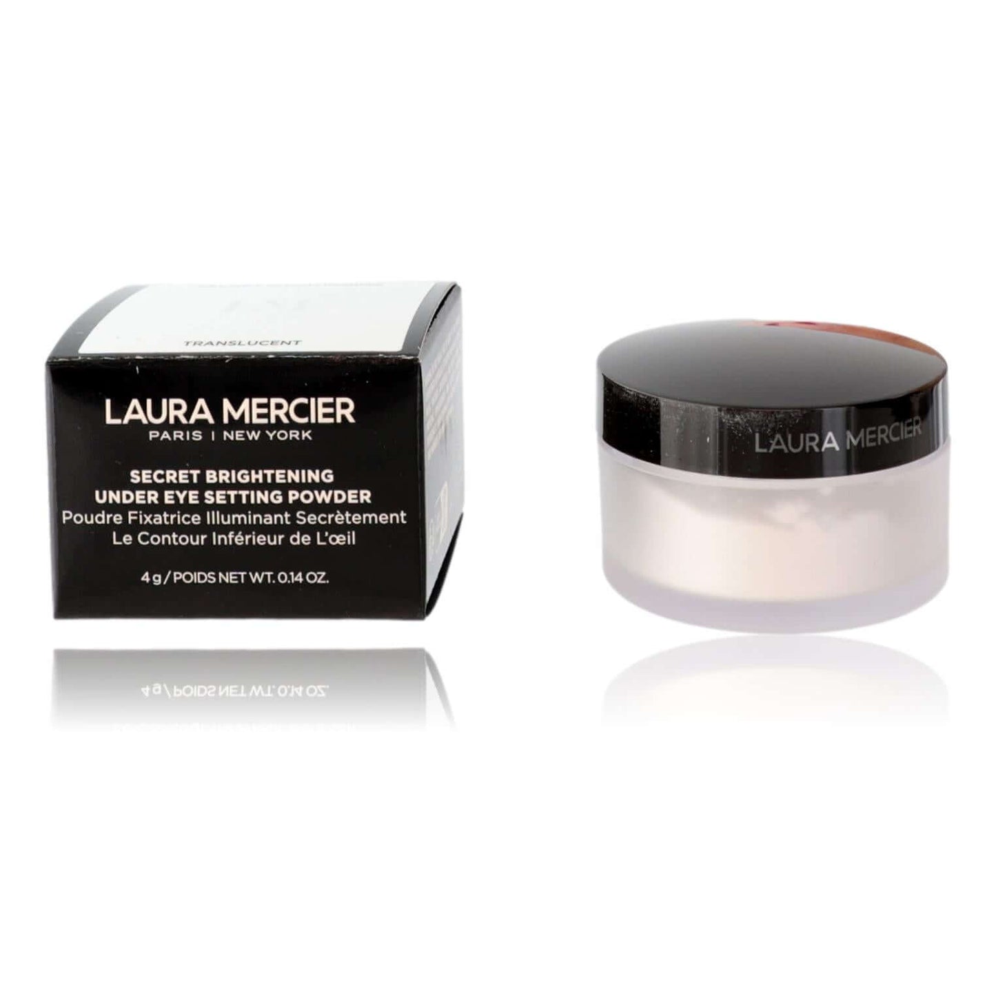 Laura Mercier translucent under-eye setting powder in compact jar and boxed package