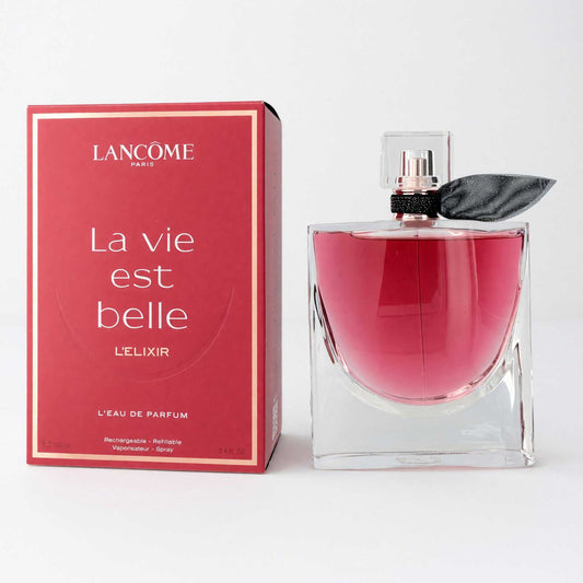 Lancome l'Elixir eau de parfum bottle, pink glass with black cap; boxed set