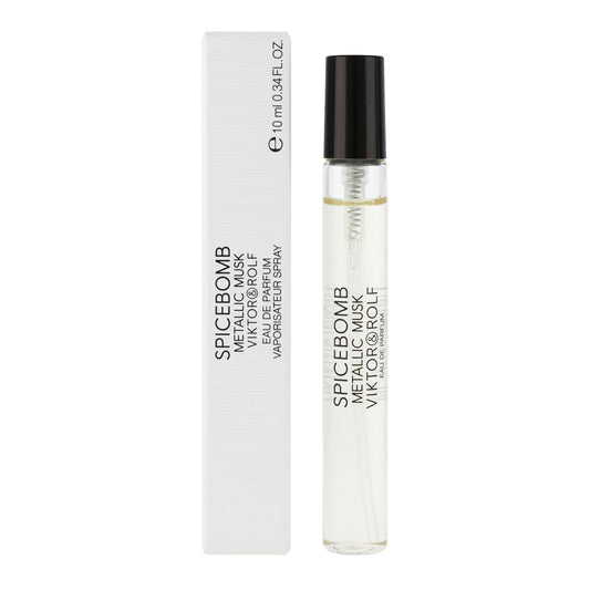 Men's perfume EDP mini spray bottle with clear liquid and black cap, in box
