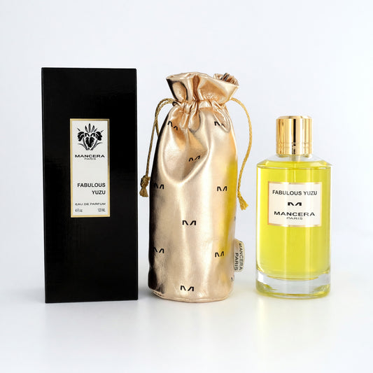 Mancera Fabulous Yuzu EDP spray, yellow glass bottle with gold cap, plus pouch and box