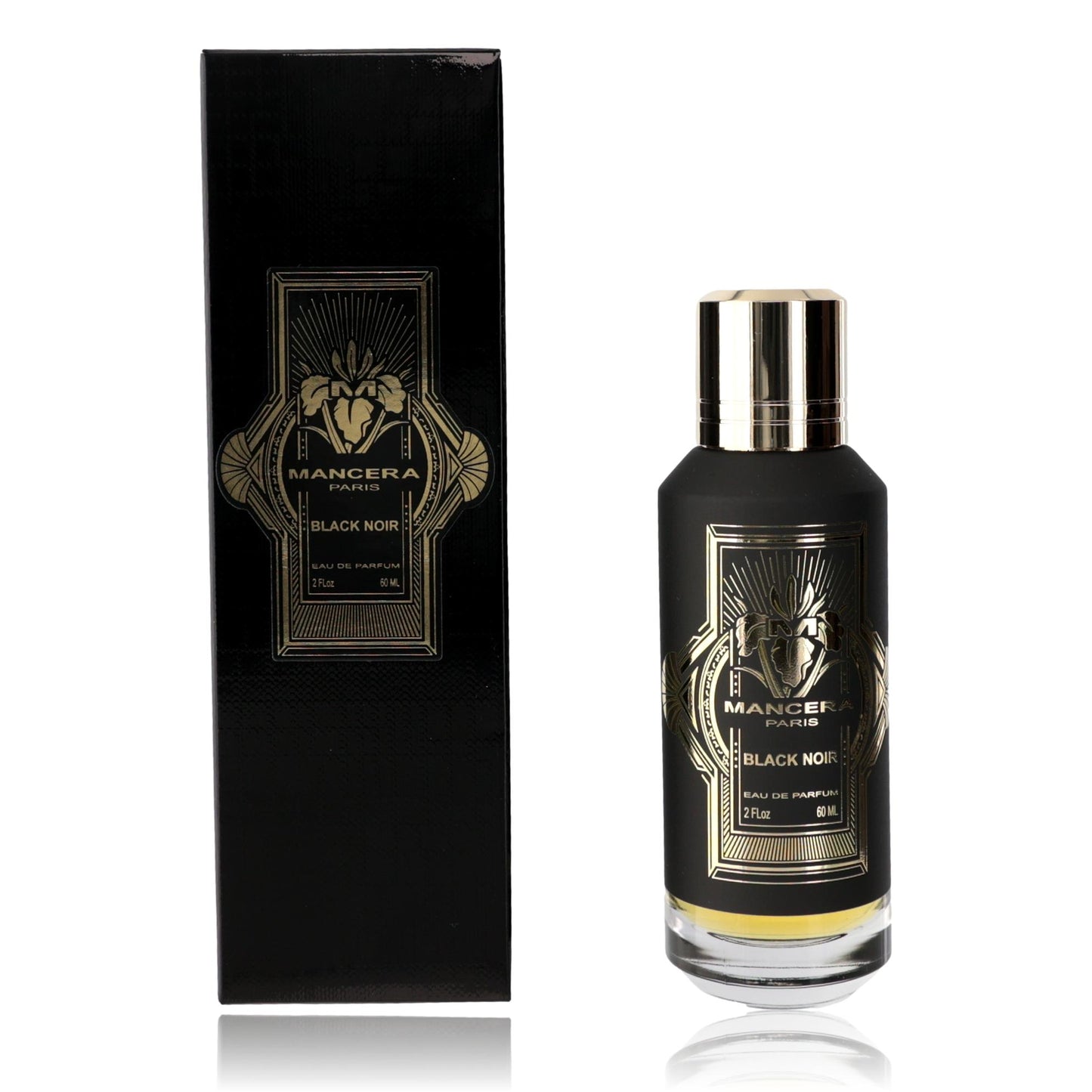 Mancera Black Noir EDP spray bottle with matching black presentation box