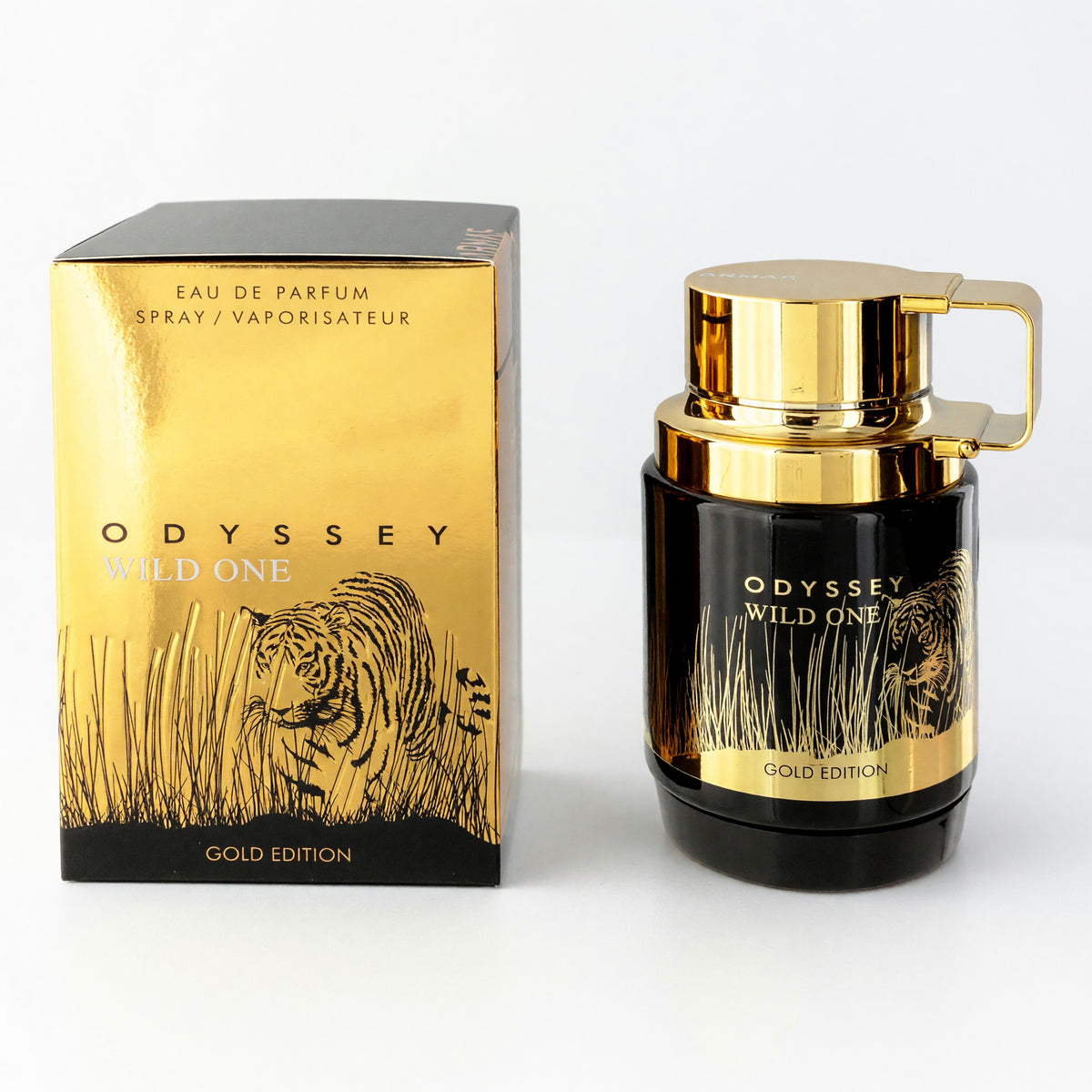 Armaf Odyssey Wild One Gold Edition men's eau de parfum spray with black and gold bottle and box