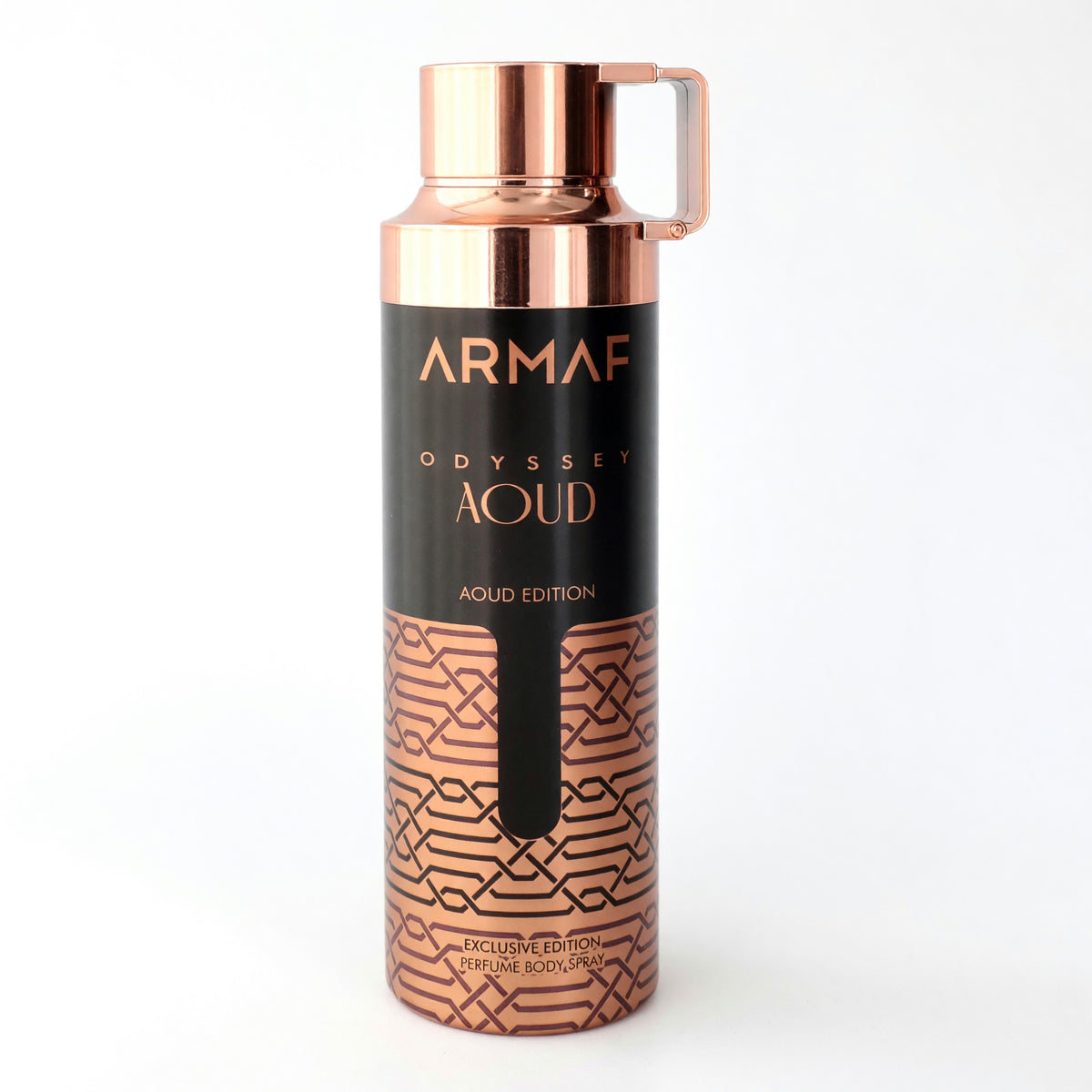Armaf Odyssey Aoud body spray can with a black and rose gold geometric design