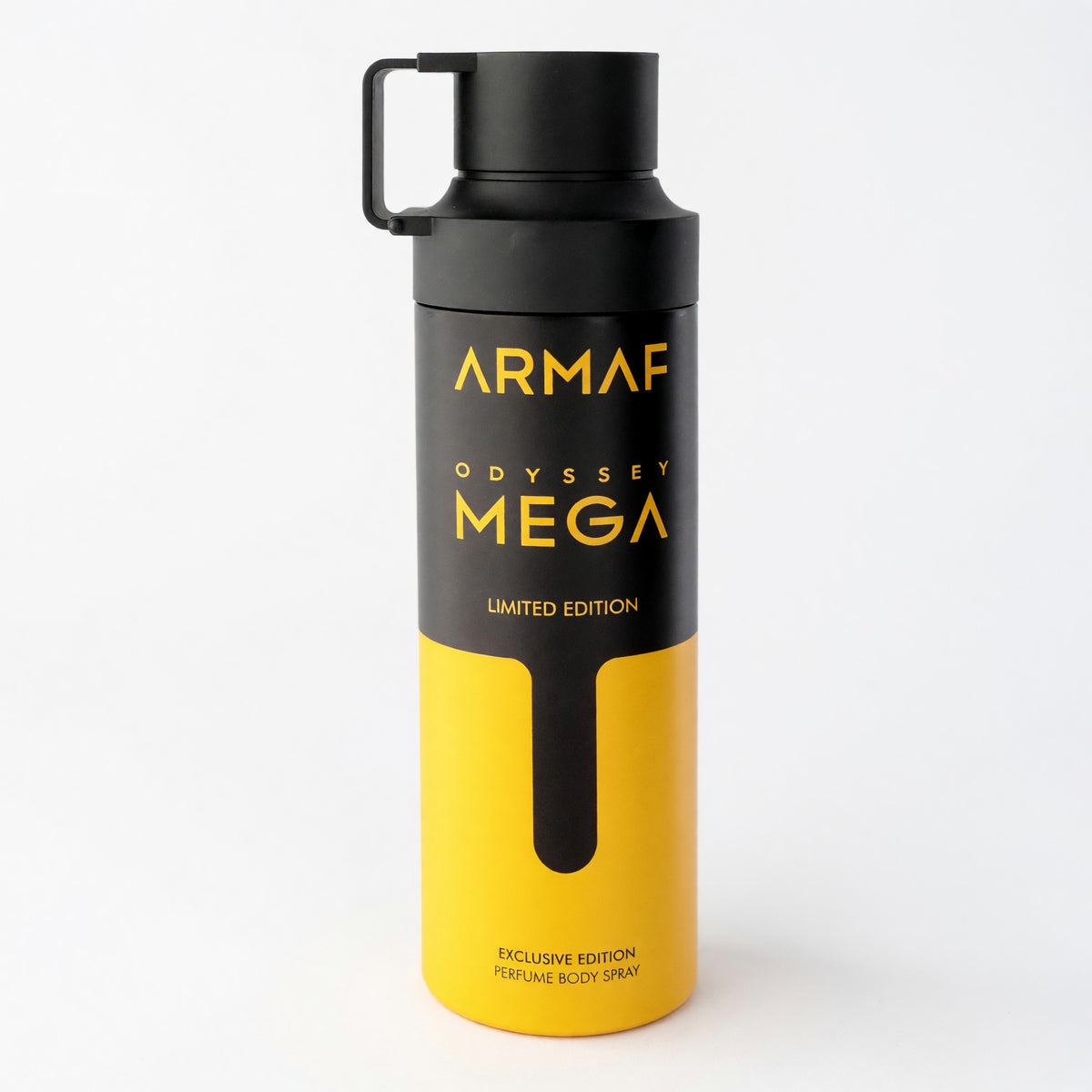 Armaf Odyssey Mega body spray in a black and yellow cylindrical can with a looped cap