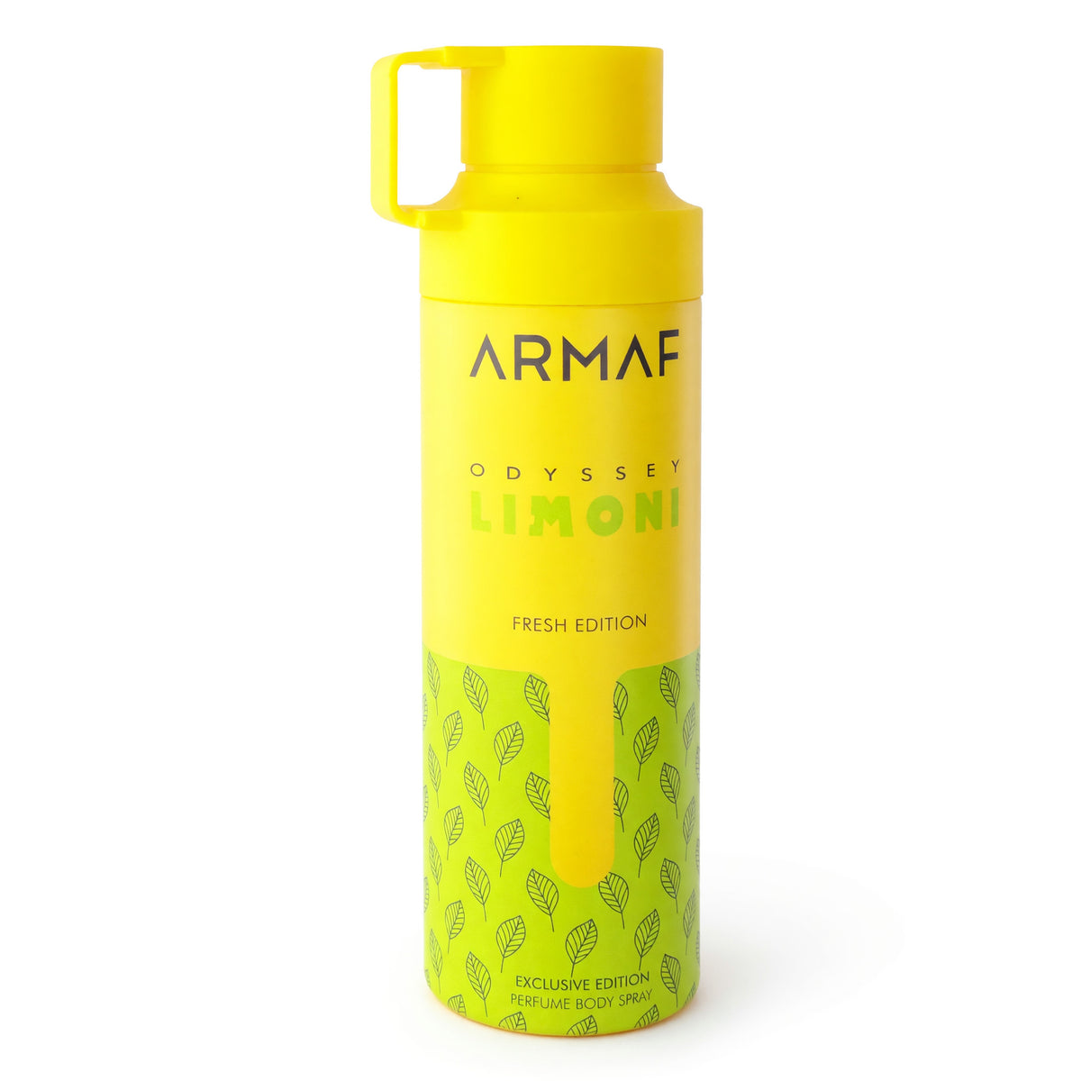 Armaf Odyssey Limoni Fresh Edition body spray in a yellow aerosol can with green leaf pattern
