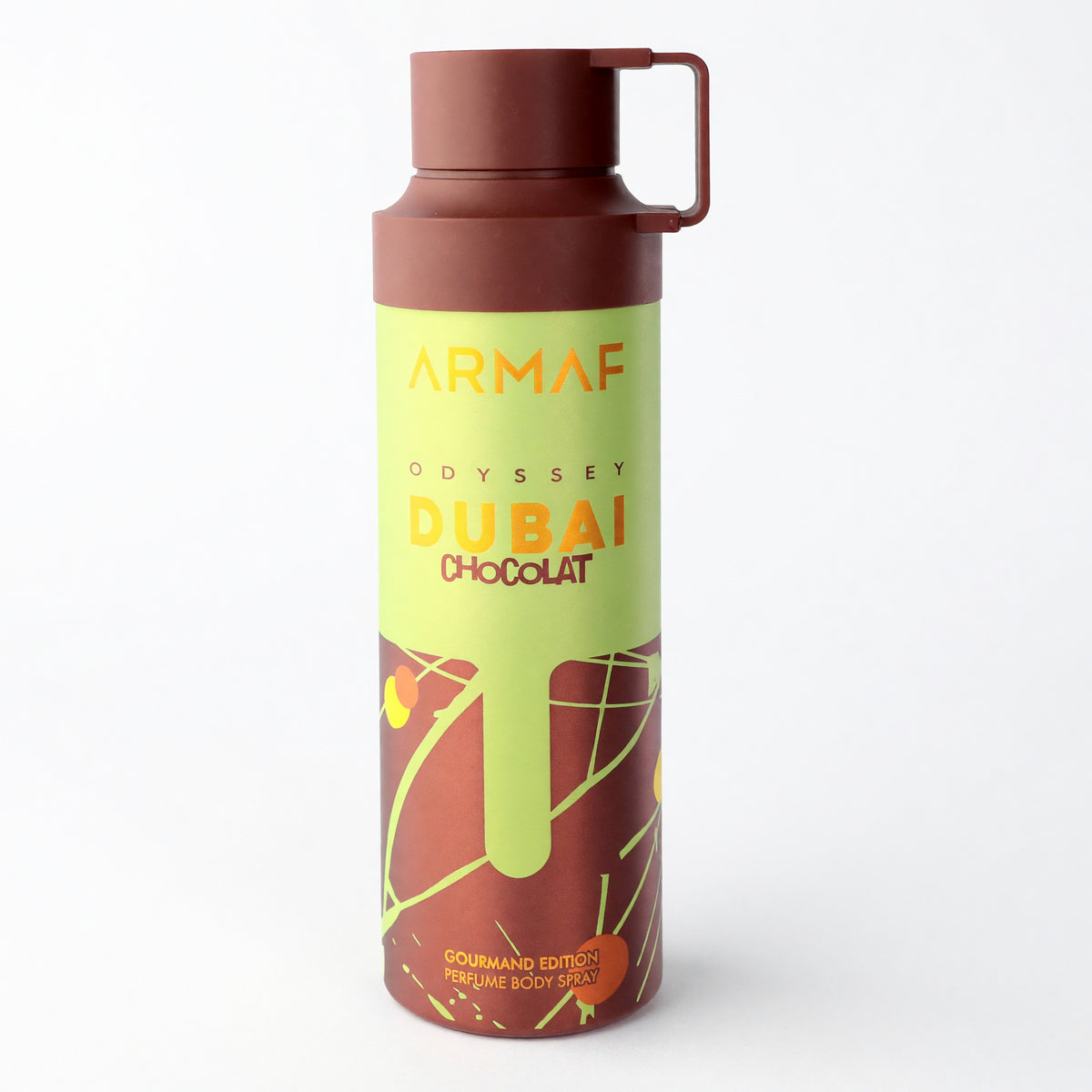 Armaf Odyssey Dubai Chocolat body spray can with brown cap and lime green label