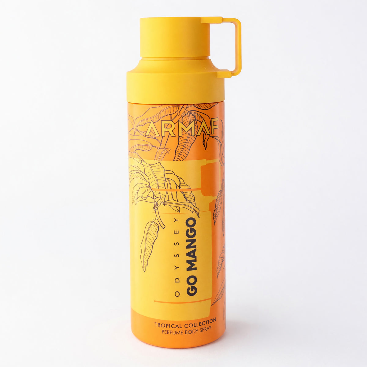 Armaf Odyssey Go Mango body spray in a yellow-orange can with a top handle