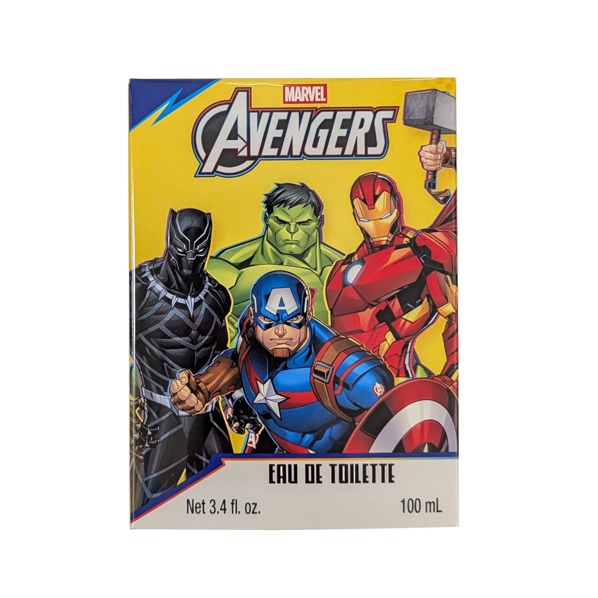 Avengers kids eau de toilette spray box, 3.4 fl oz, featuring superhero lineup