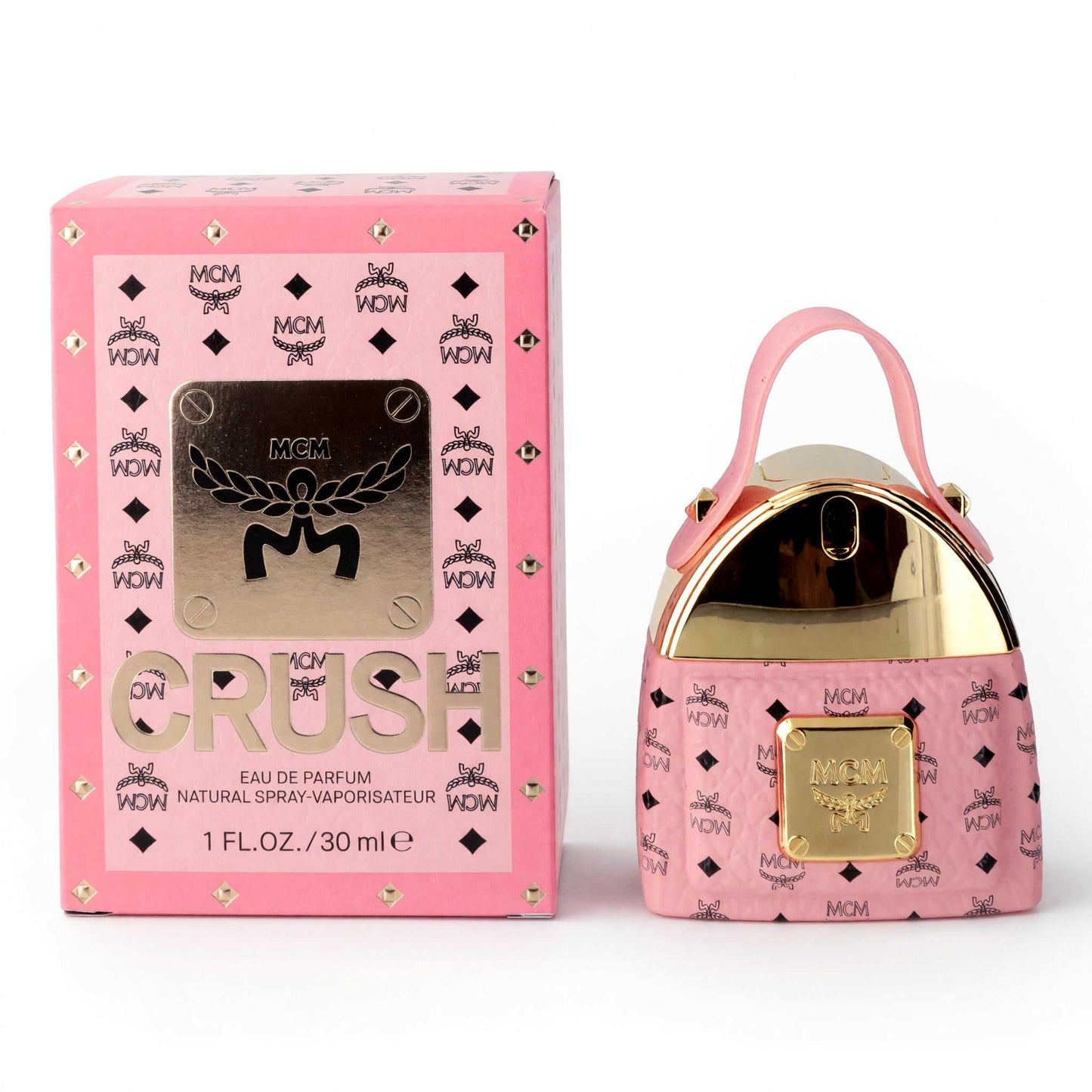 MCM Crush women’s eau de parfum spray in pink logo print box and handbag-shaped bottle