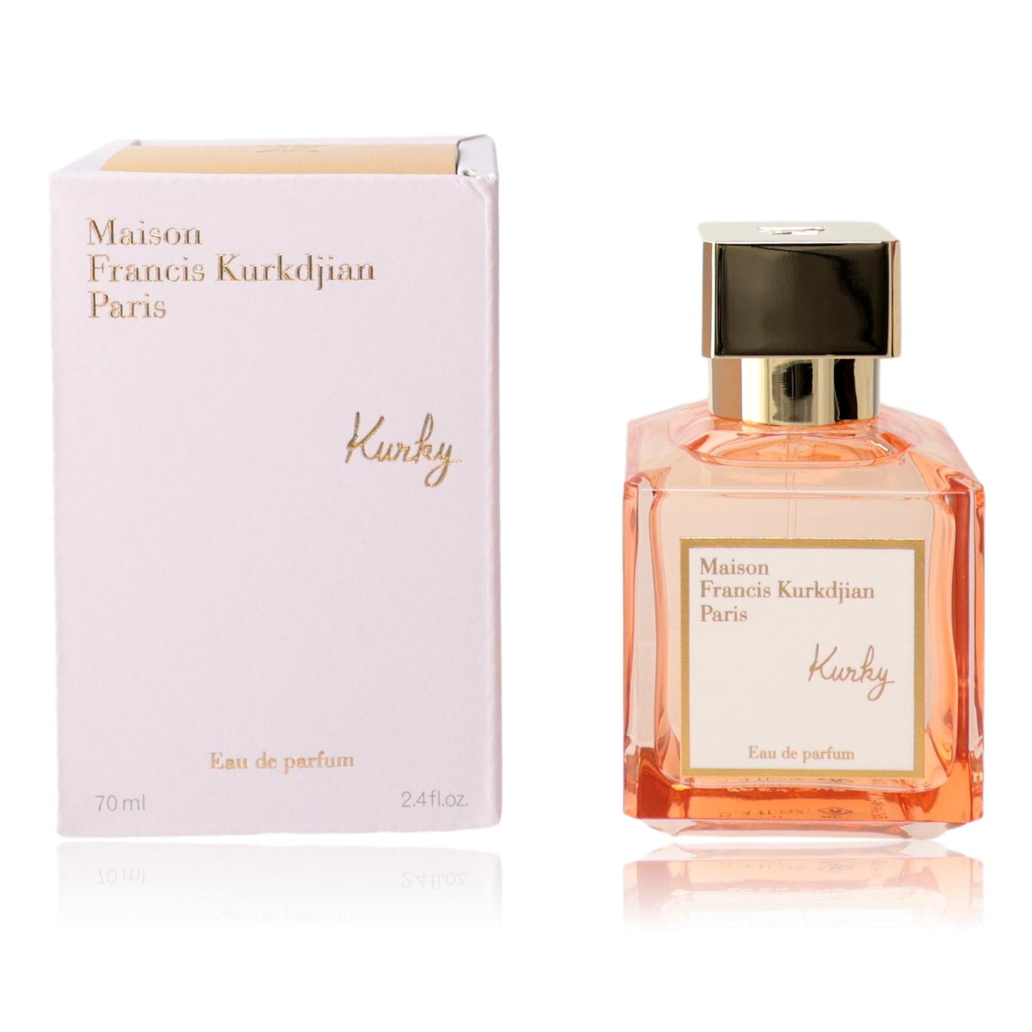 Eau de parfum spray bottle with gold cap and pink glass, with matching Maison Francis Kurkdjian box