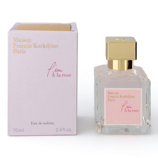 Rose eau de toilette in glass bottle with gold cap and pink label, with box