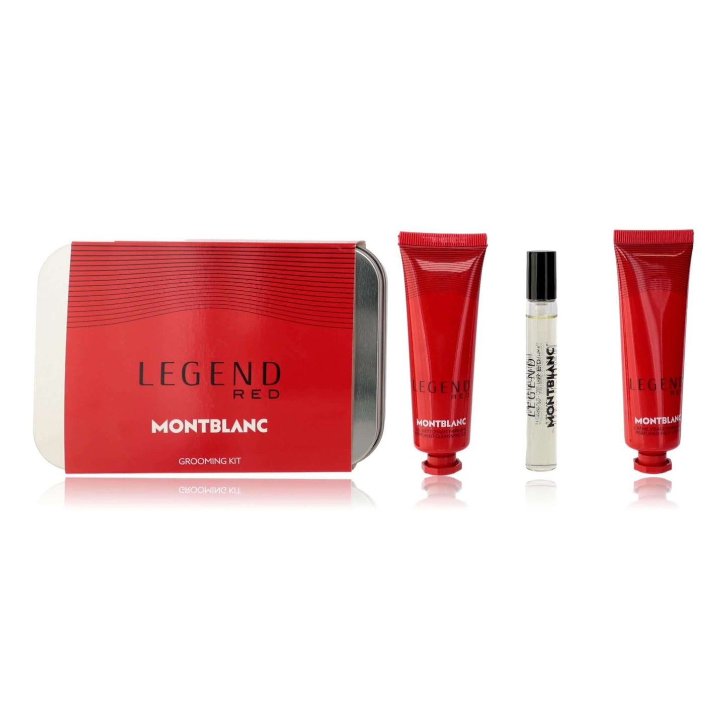 Red men's grooming kit set with red case, cream tube, small bottle and lotion tube