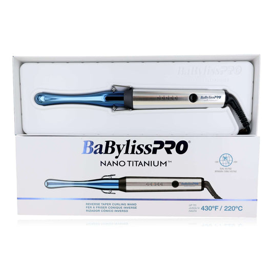 Nano Titanium reverse taper curling wand with blue handle and black cord in box