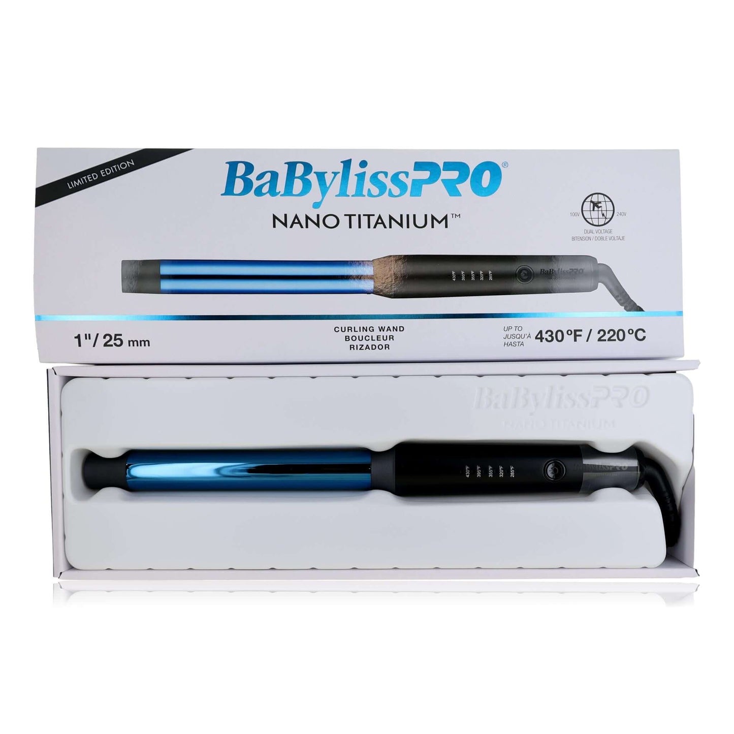 BaBylissPRO 1in nano titanium curling wand in retail box, black and blue barrel