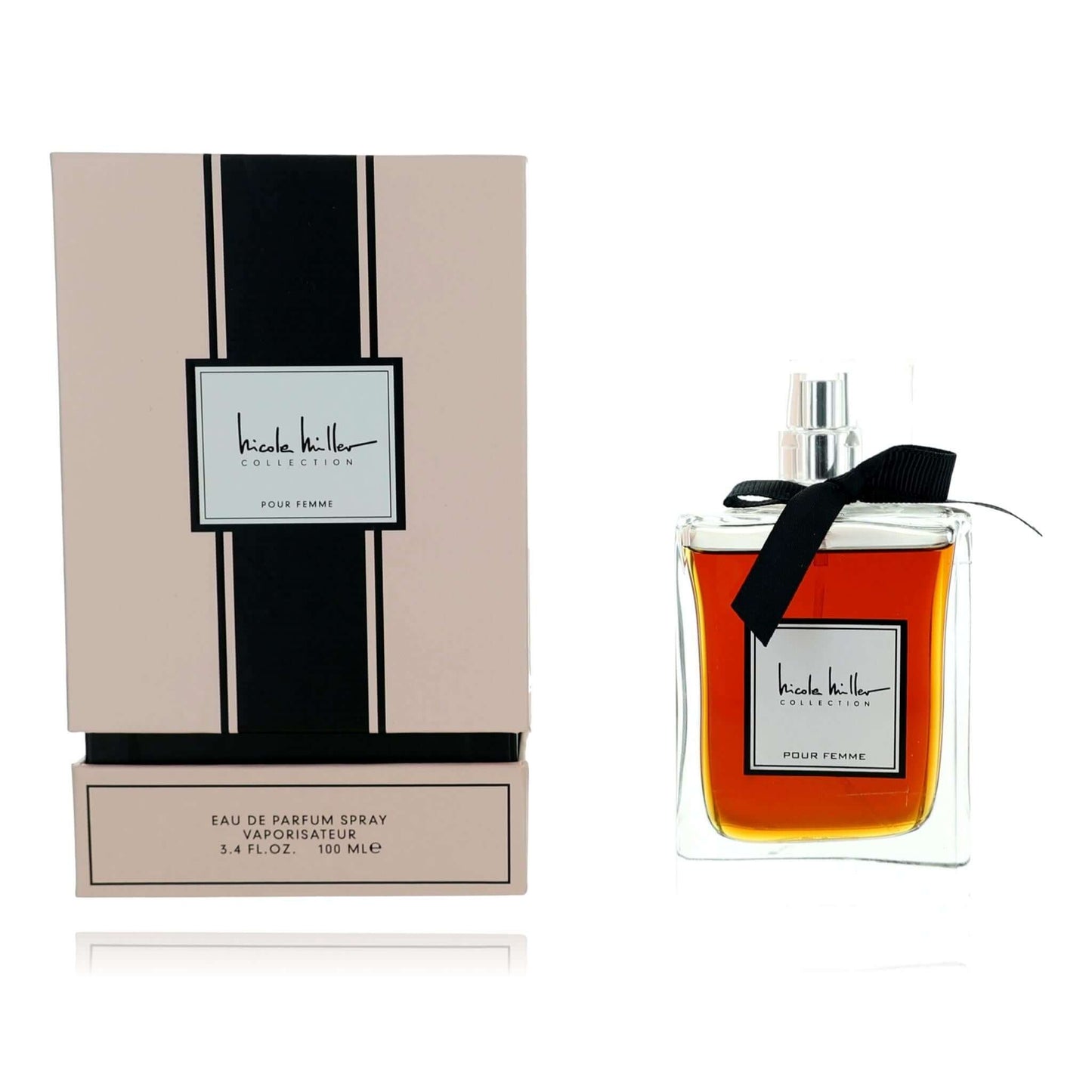 Women’s Eau de Parfum spray bottle with amber liquid and black bow, 3.4 oz