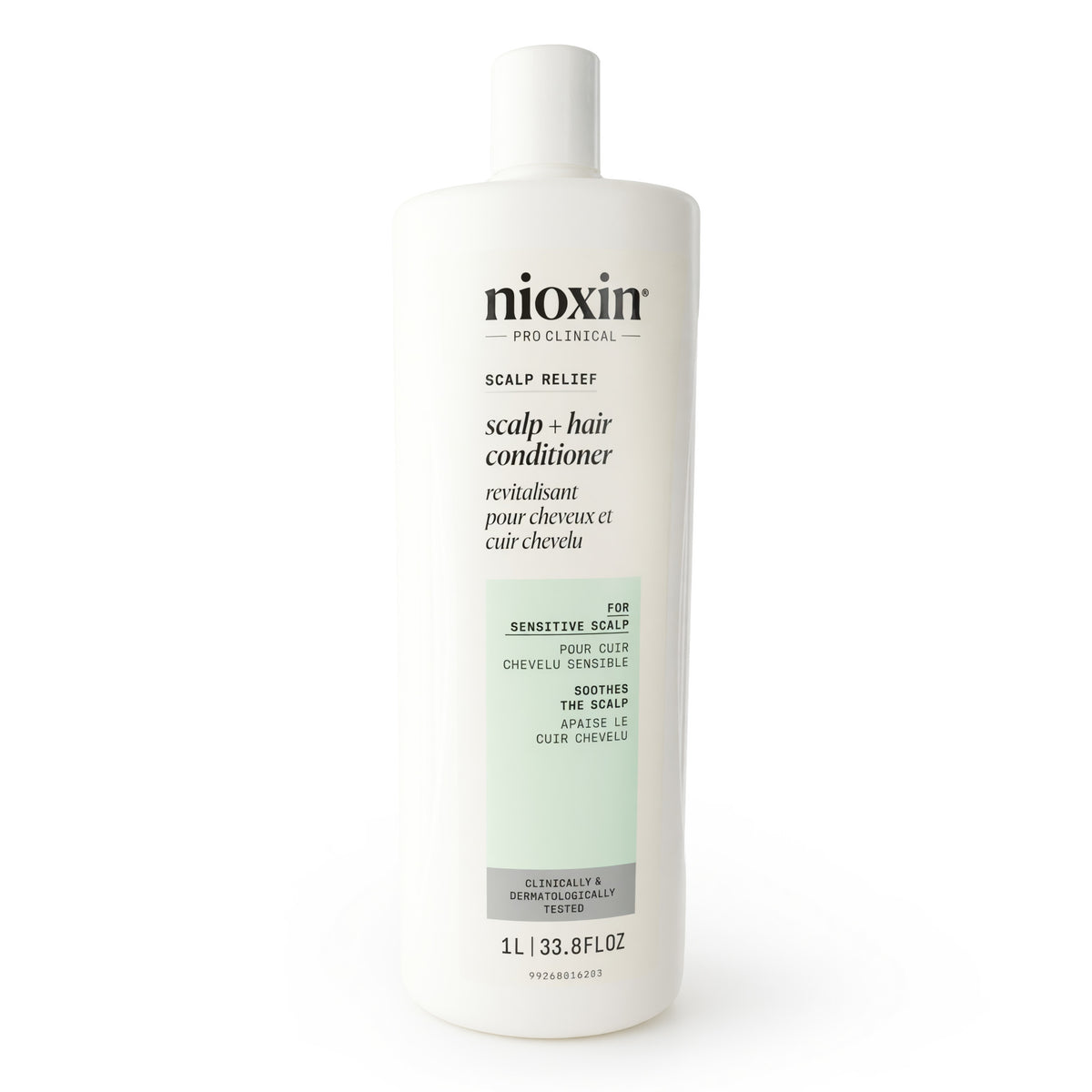 Nioxin Scalp Relief conditioner bottle, white plastic with tall cap, 1 L / 33.8 fl oz