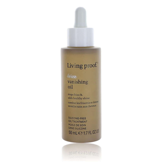 Living Proof frizz-vanishing oil bottle, clear brown liquid, 1.7 fl oz