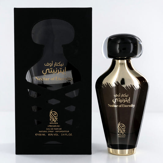Nylaa women’s EDP spray bottle, dark glass with gold cap and Nectar of Eternity label
