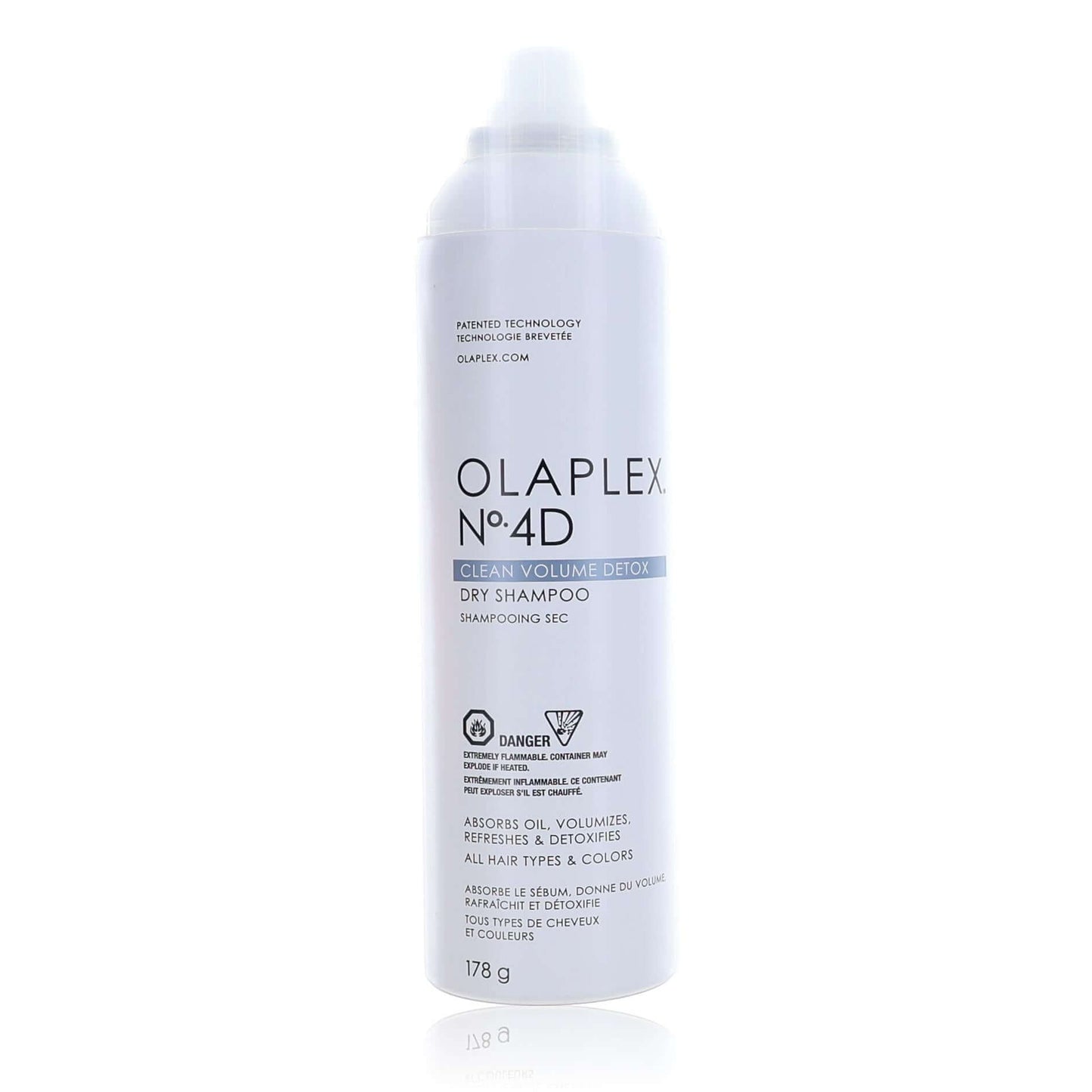 Olaplex No.4D dry shampoo bottle, clean volume detox label, front view