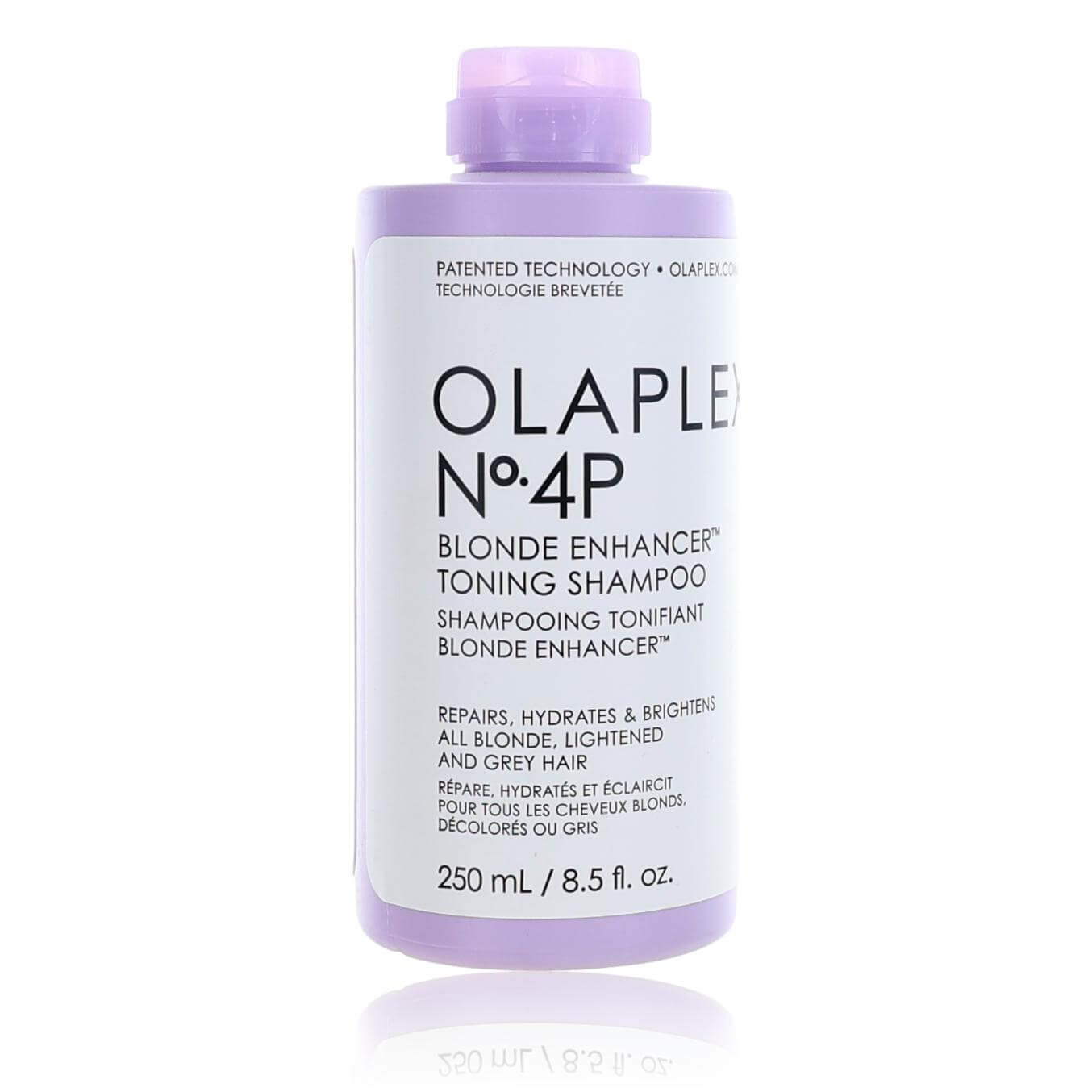 Olaplex No.4P blonde toning shampoo bottle, translucent purple label