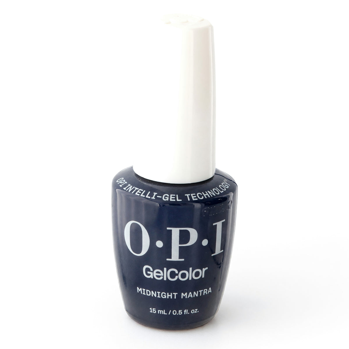 OPI GelColor gel nail polish bottle, dark midnight blue shade Midnight Mantra