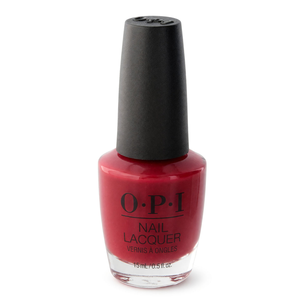 OPI Nail Lacquer bottle with red nail polish, black cap