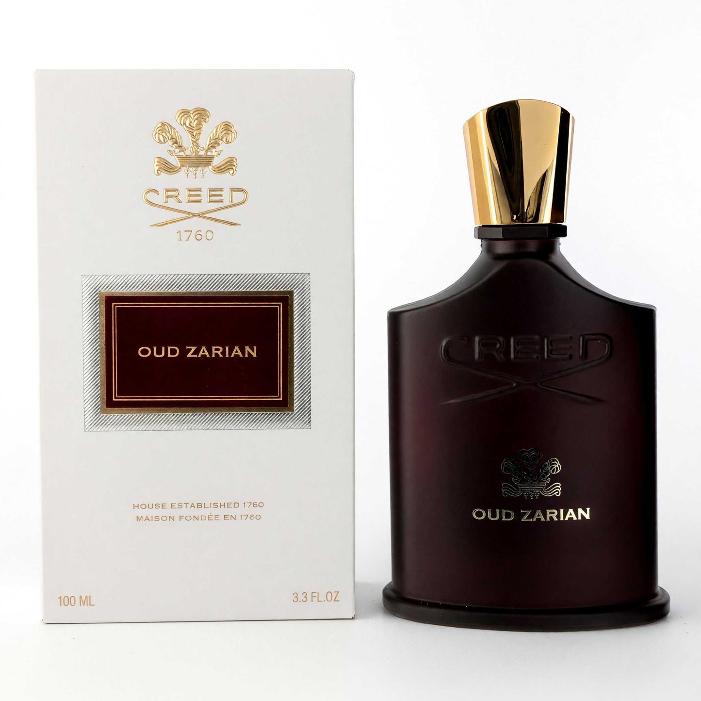 Creed Oud Zarian EDP 3.3 fl oz dark brown glass bottle with gold cap and box