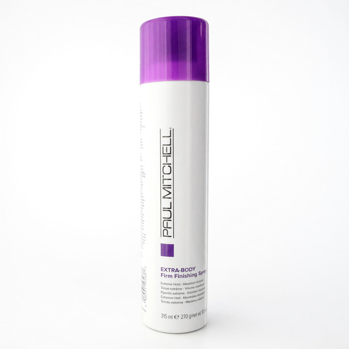 Paul Mitchell hair finishing spray bottle with purple cap, white label, cylindrical.