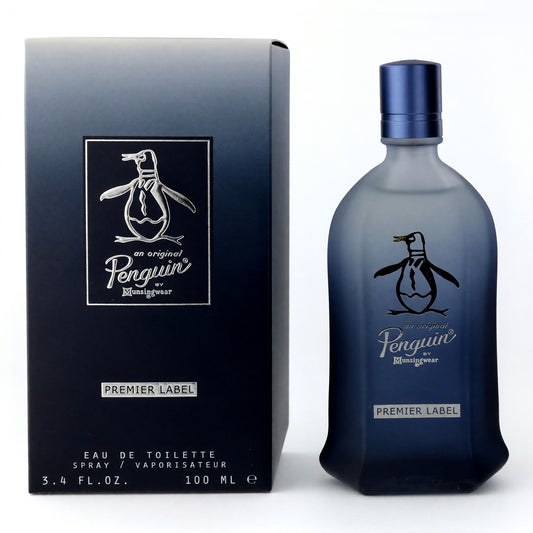 Men's eau de toilette spray with dark blue glass bottle and metal cap; Premier Label box