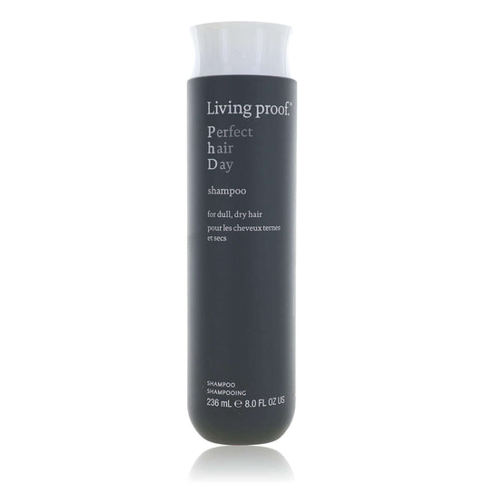 Living Proof Perfect Hair Day shampoo bottle, dark bottle with white cap and label