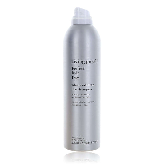Dry shampoo bottle with white cap, silver-gray label, Living proof Perfect hair Day