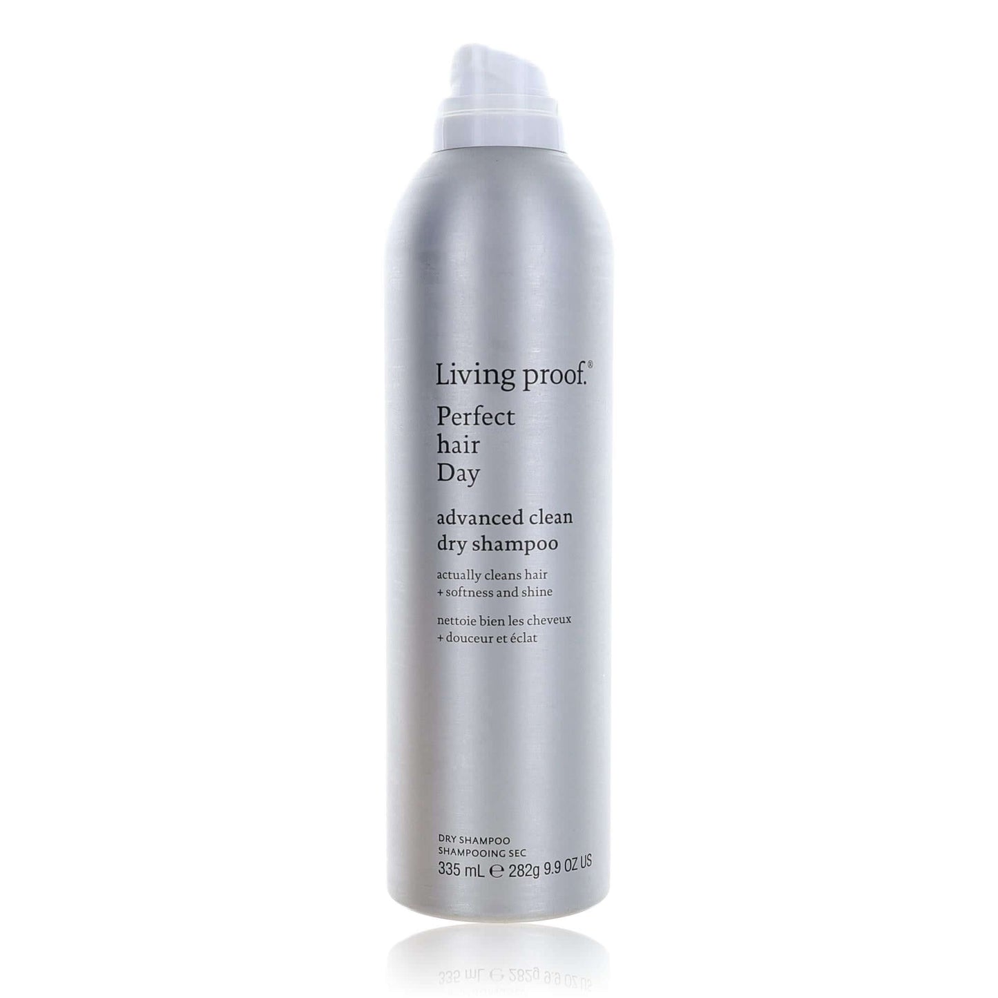 Dry shampoo bottle with white cap, silver-gray label, Living proof Perfect hair Day