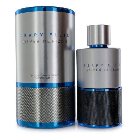 Men's eau de parfum spray bottle, silver with blue cap and accents