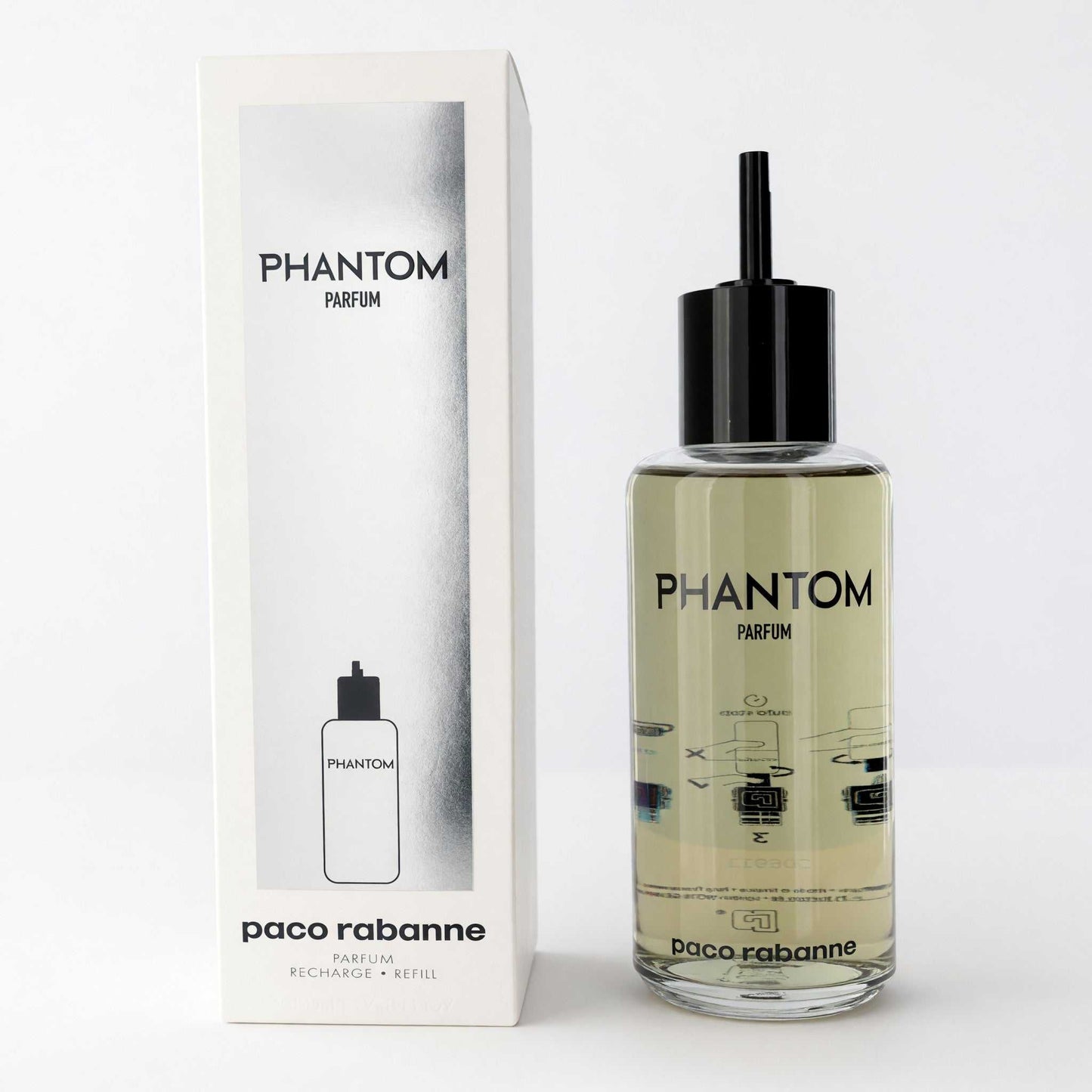 Men's Phantom by Paco Rabanne perfume refill, clear bottle with black sprayer and box