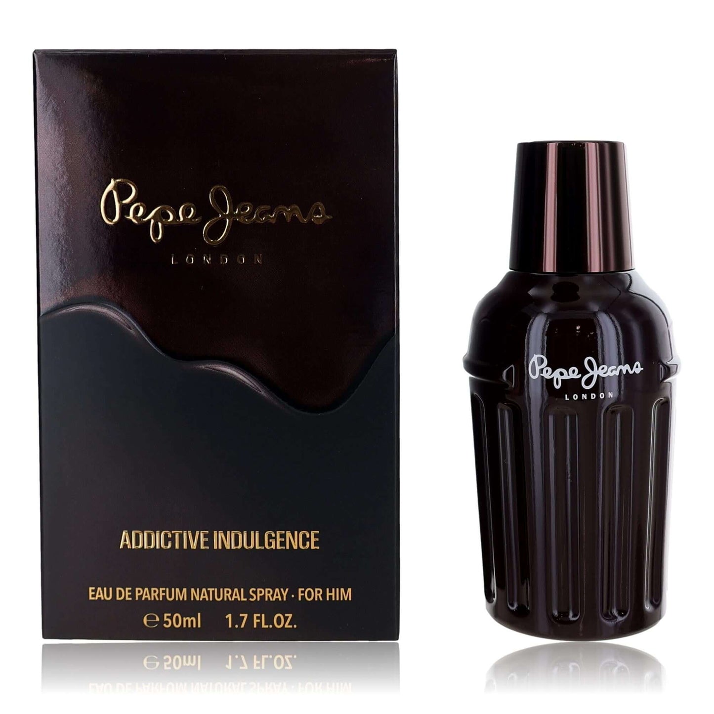 Men's eau de parfum spray bottle with box; dark glass and metallic cap