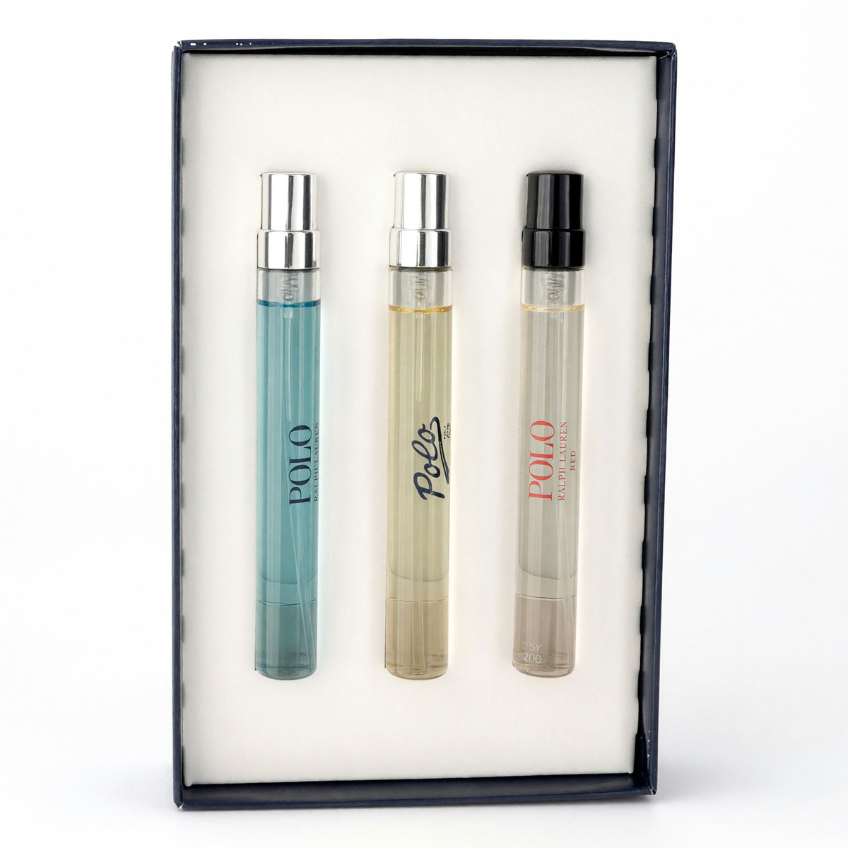 3-piece men’s travel fragrance set with three Polo cologne bottles in box