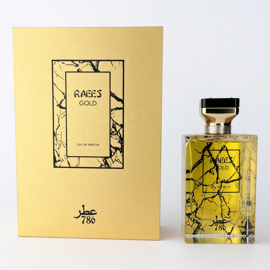 Men's Raees Gold EDP by Jo Milano in glass bottle with gold liquid and black cap.