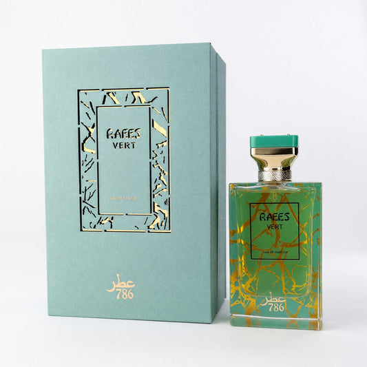 Men's eau de parfum bottle with green glass, gold cap, and matching gift box (786)