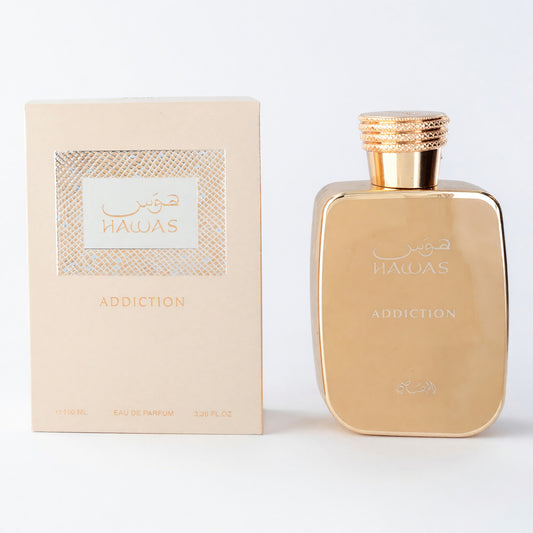 Hawas Addiction EDP spray bottle with gold cap and matching beige product box