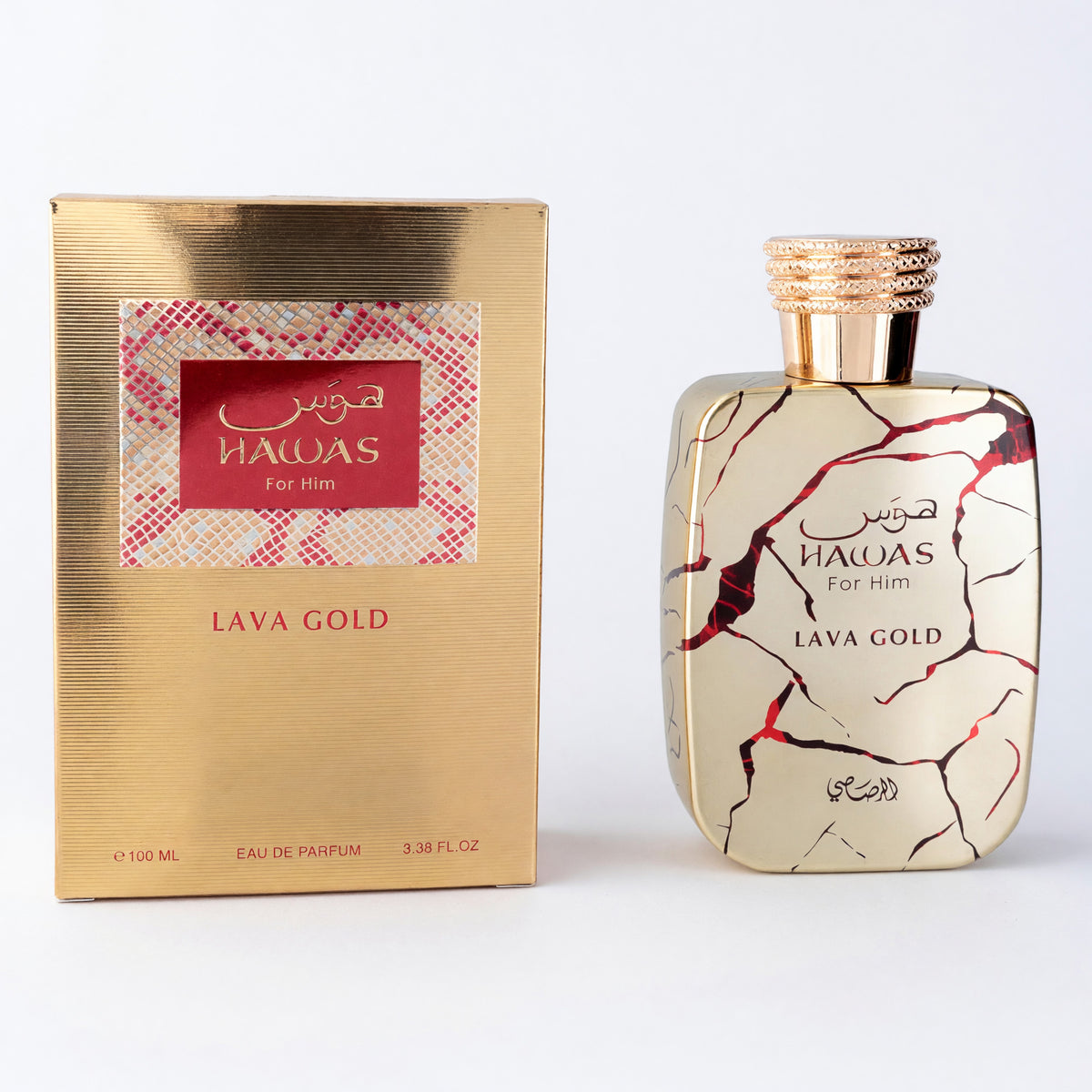 Men's Lava Gold EDP spray bottle with gold cap and white-red marbled glass