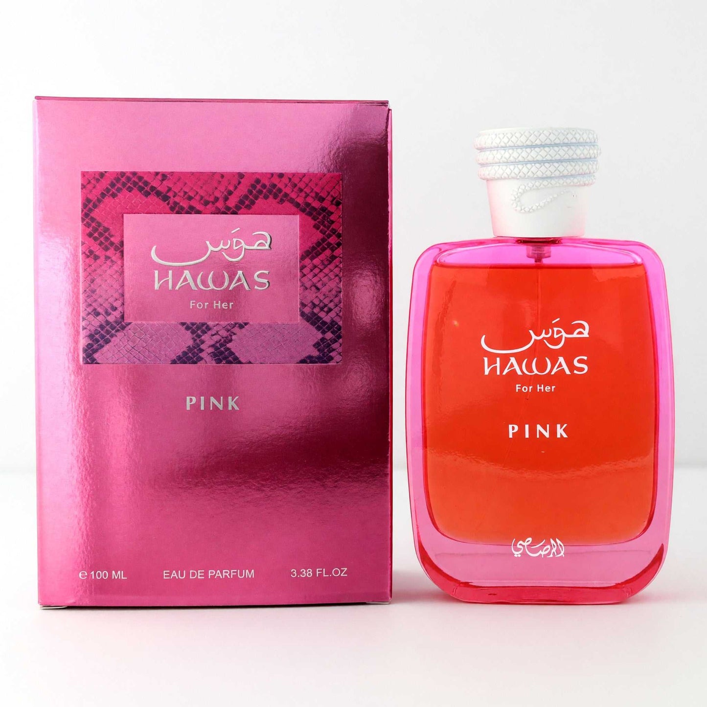 Hawas Pink EDP spray bottle with pink glass, cap, and matching retail box