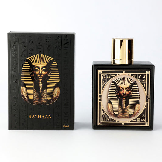 Unisex EDP spray fragrance bottle with Pharaoh-themed gold black design and matching box