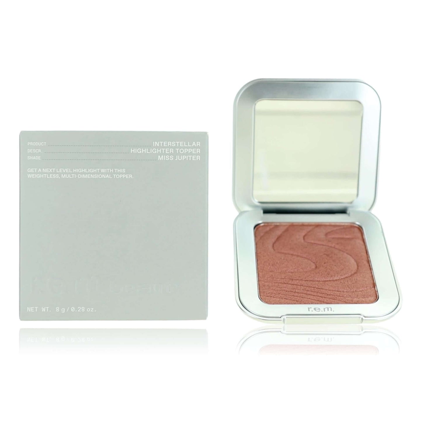 Highlighter topper compact with rose-brown shimmer powder in open case