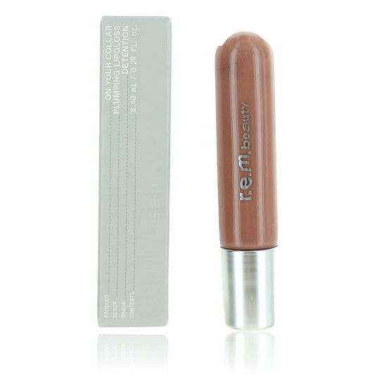 r.e.m. beauty plumping lip gloss in clear tube, neutral brown tint