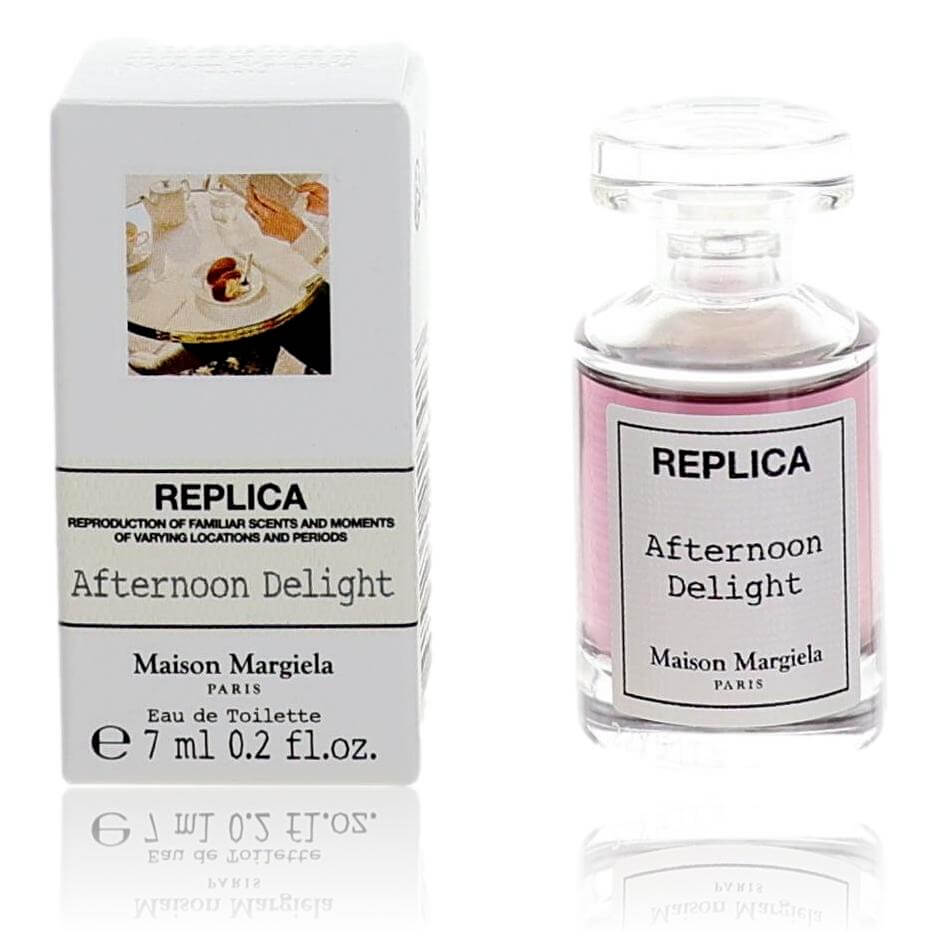 Replica Afternoon Delight EDT in clear bottle with pink label, shown with gift box